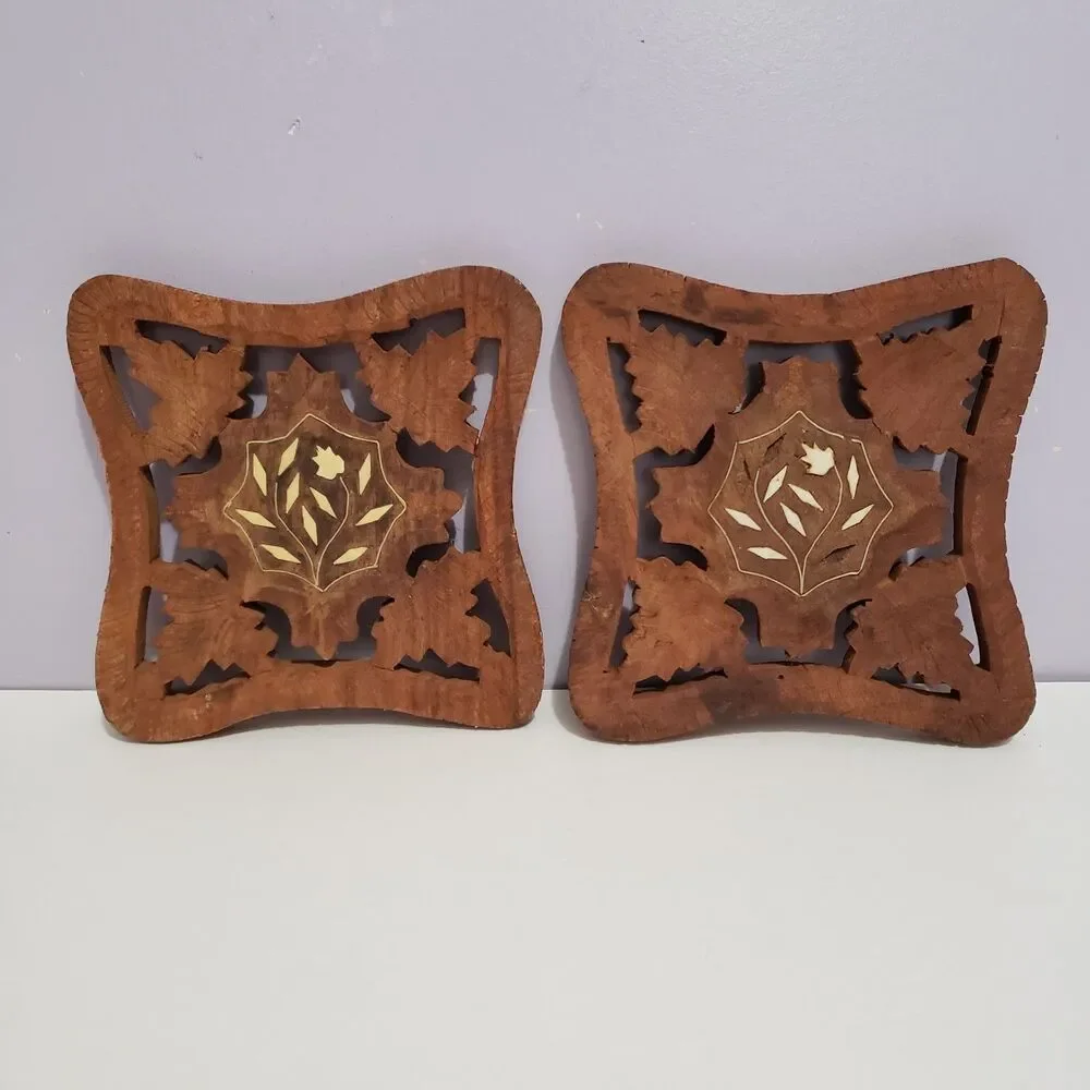 Trivet Set of 2 Wooden Handcarved Kitchen Home Country Farmhouse Decor 5.5